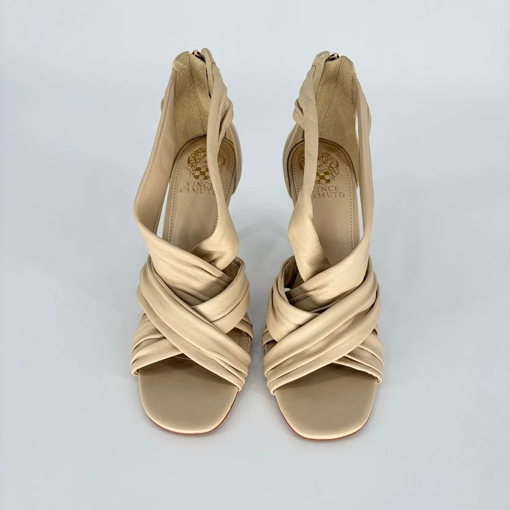 Vince Camuto Beige Leather Strappy Ruched Heeled Sandals Wood Heel Size 9.5M